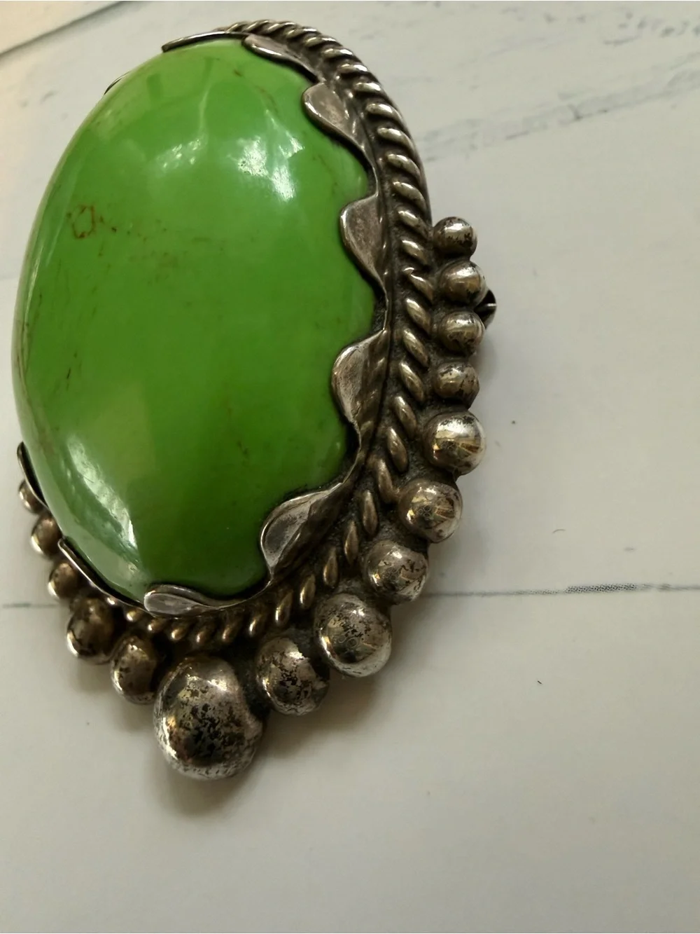 Large Taxco Sterling Silver Brooch Green Stone